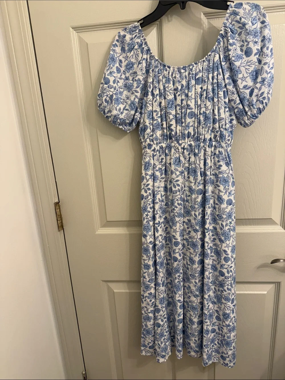 GB girls White and Blue Floral Puff-Sleeve Midi Dress